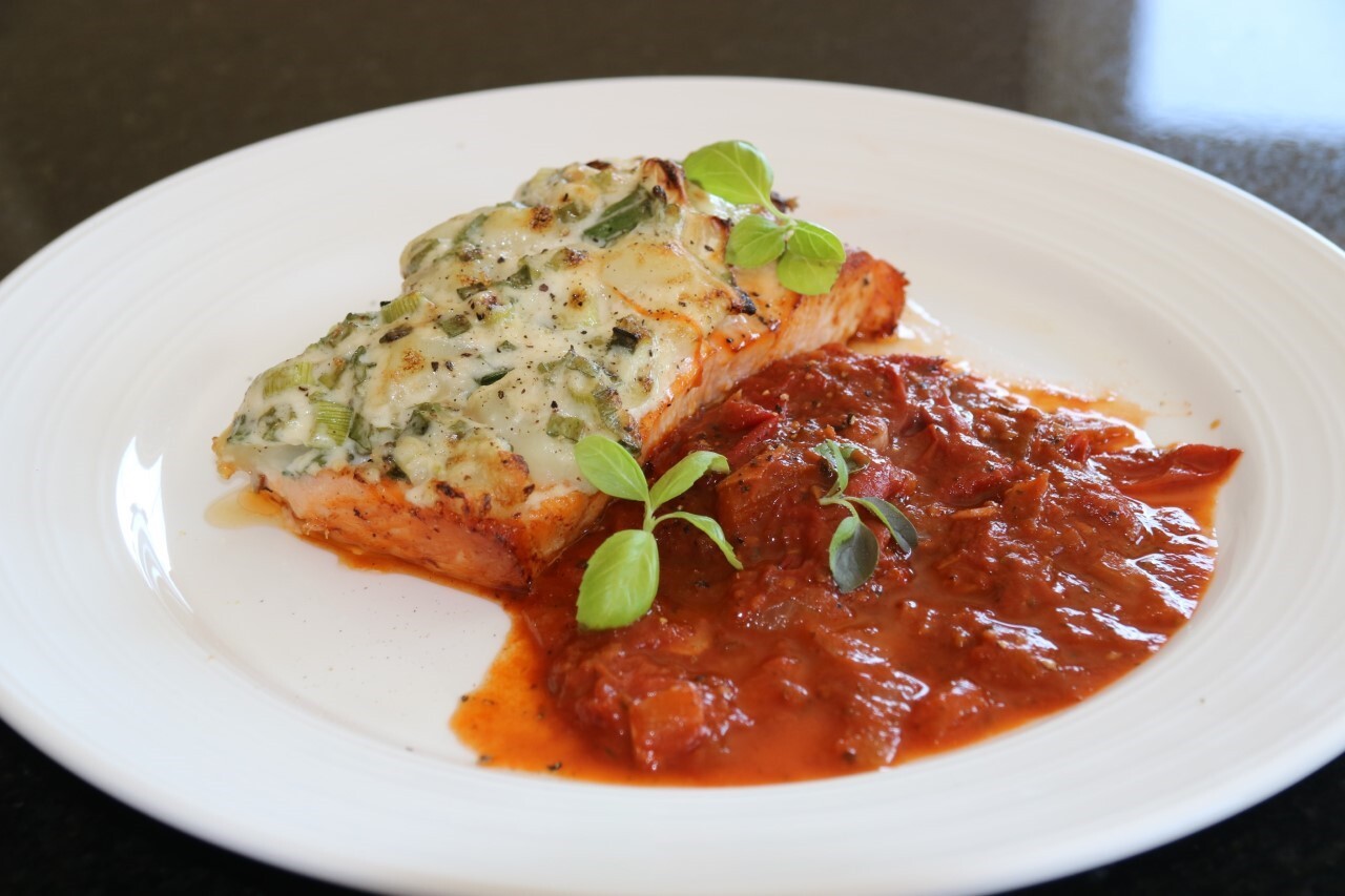 Baked Fillet of Salmon with a Goat’s Cheese Crust and Cherry Tomato Sauce by Siobhán Devereux Doyle