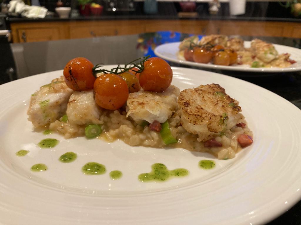 Pan-fried Fillet of Monkfish rested on a Creamy Chorizo & Spring onion Risotto with a Basil, Lemon & Garlic Oil