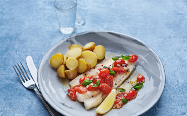 Grilled Whiting with Warm Cherry Tomato and Basil Dressing